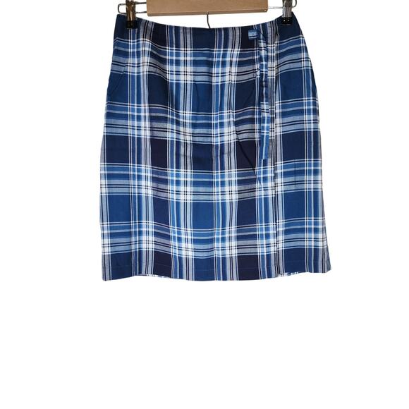 TALBOTS Blue Gray Plaid Wrap Style Lightweight Academic Preppy Skirt SZ 8 - Picture 1 of 6
